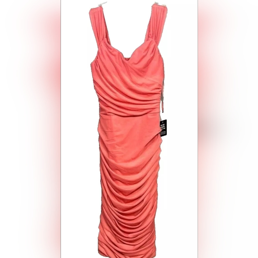 Express Coral Body Contour Ruched Midi Dress Built-In Shapewear XS NWT